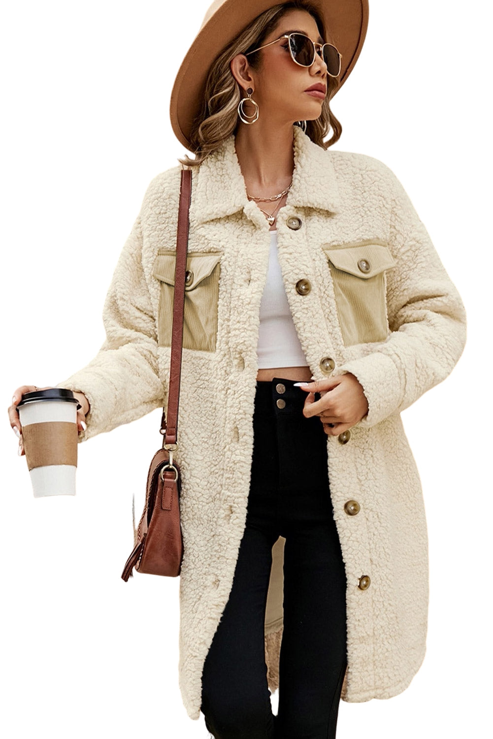 Beige Contrast Flap Pocket Single Breasted Teddy Coat