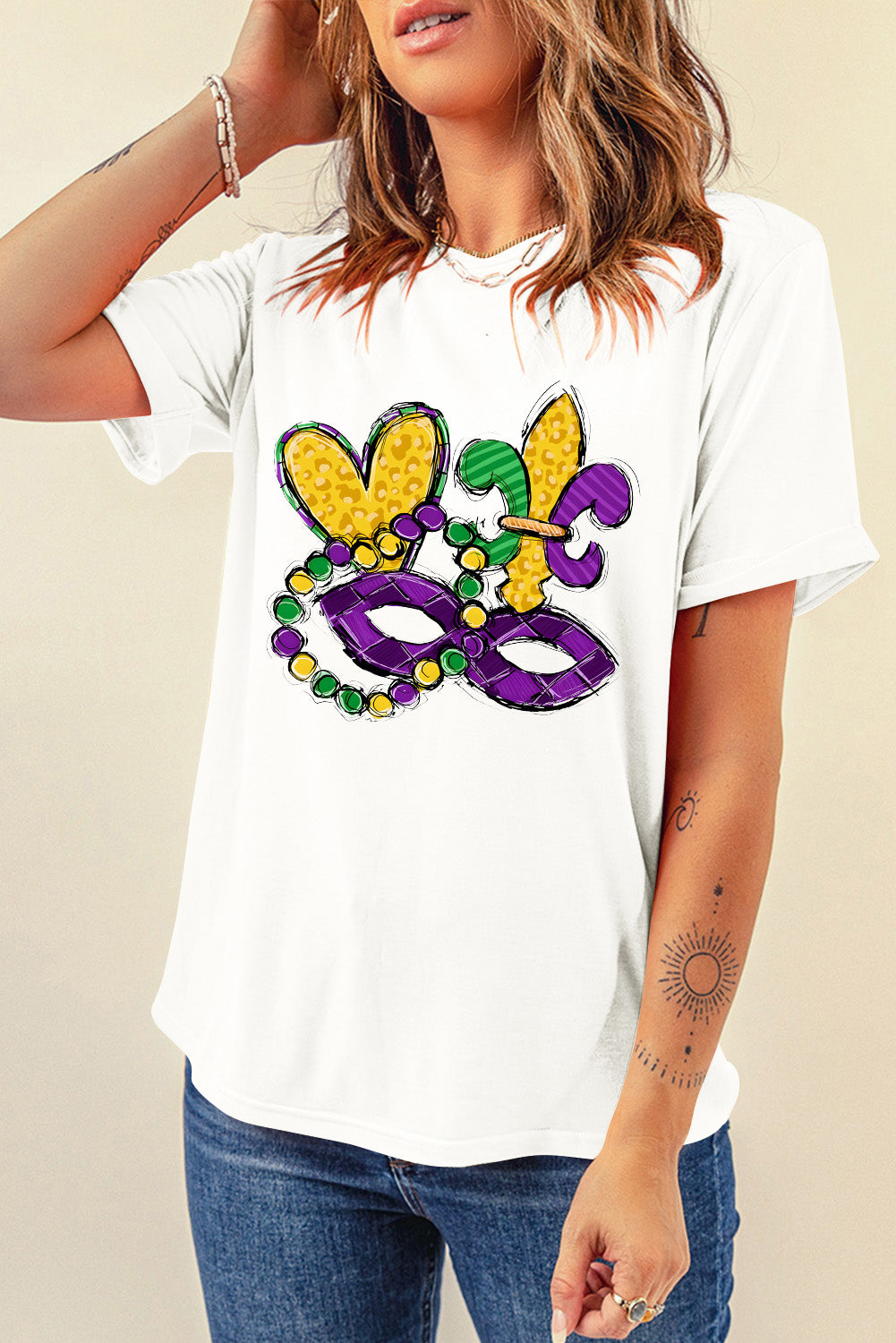 White Mardi Gras Mask Graphic Crewneck Tee