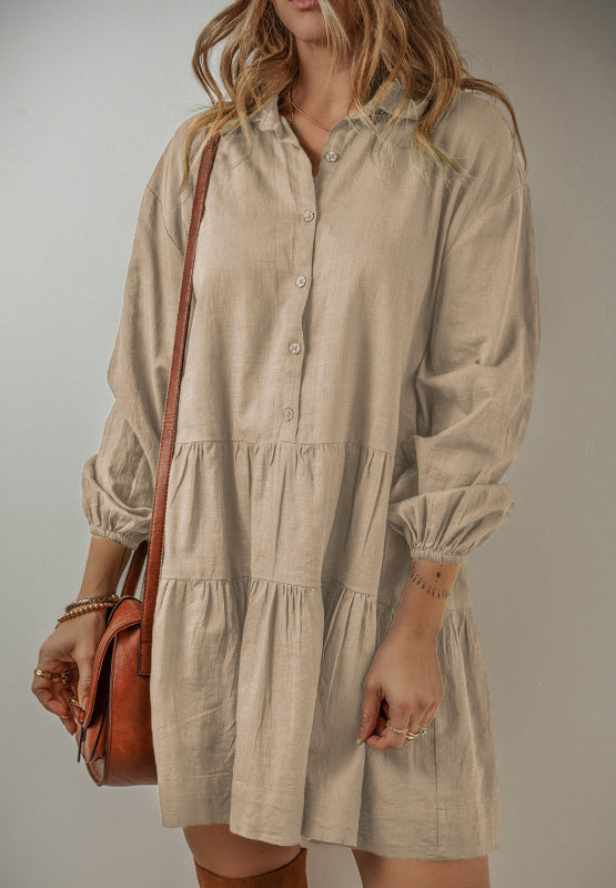 Tiered Collared Neck Balloon Sleeve Shirt Dress