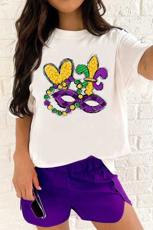 White Mardi Gras Mask Graphic Crewneck Tee