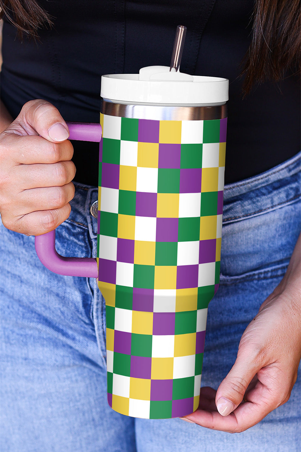 Purple Checkered Mardi Gras Tumbler Cup