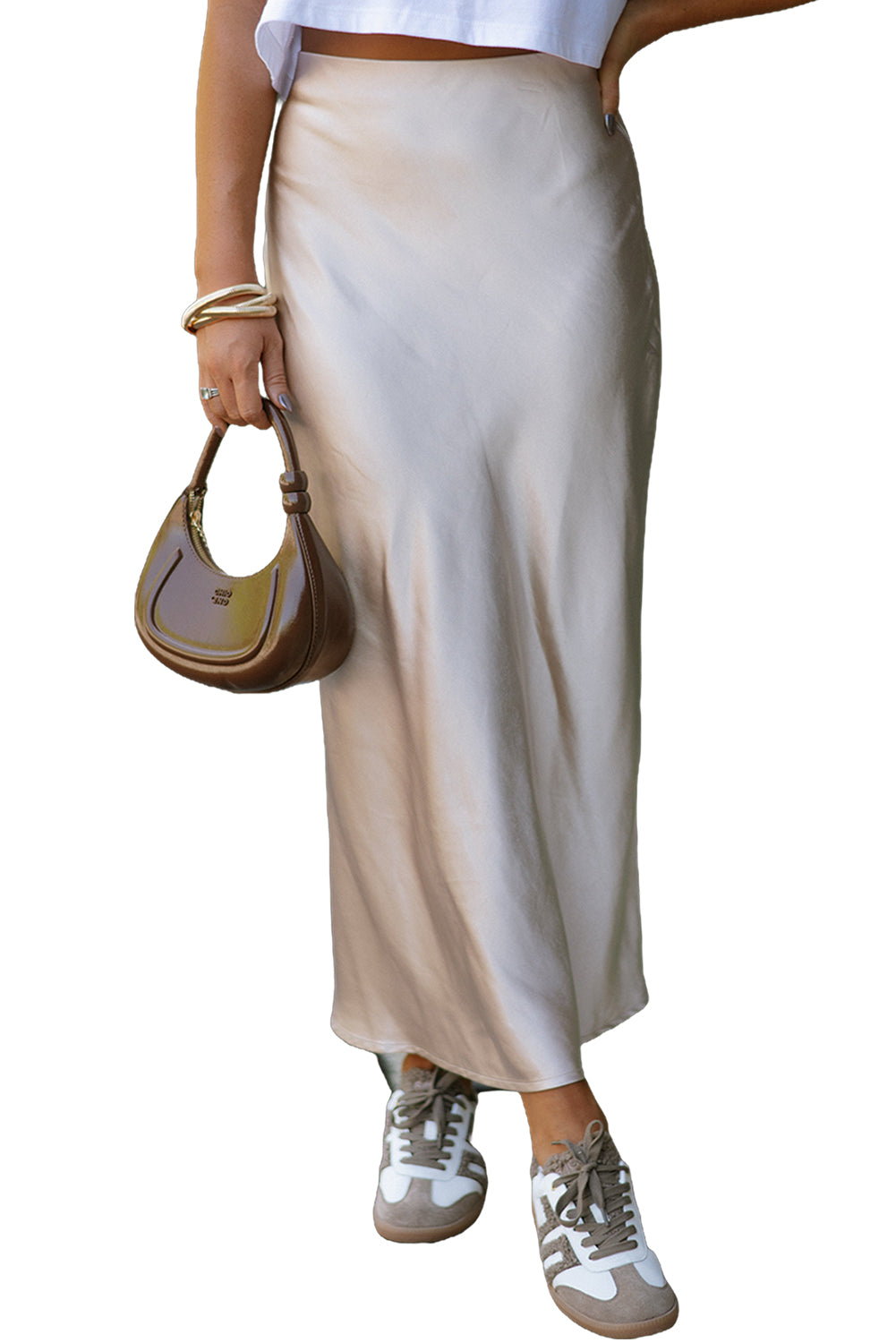 Jet Stream Satin Solid Color High Waist Maxi Skirt