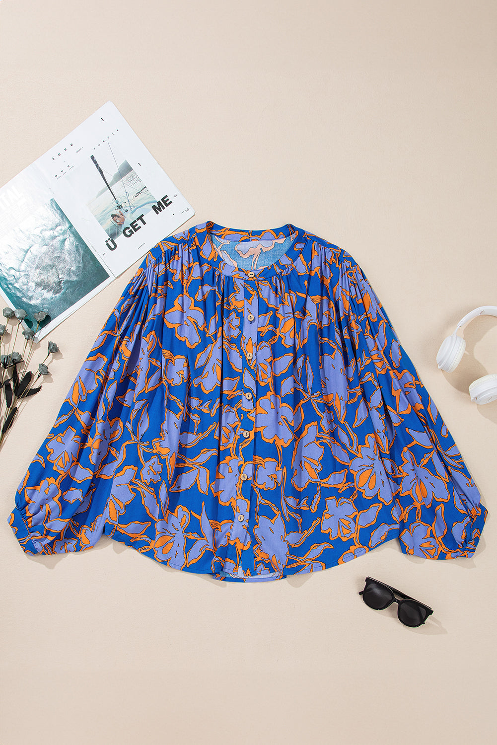 Blue Floral Print Batwing Sleeve Button Loose Fit Blouse