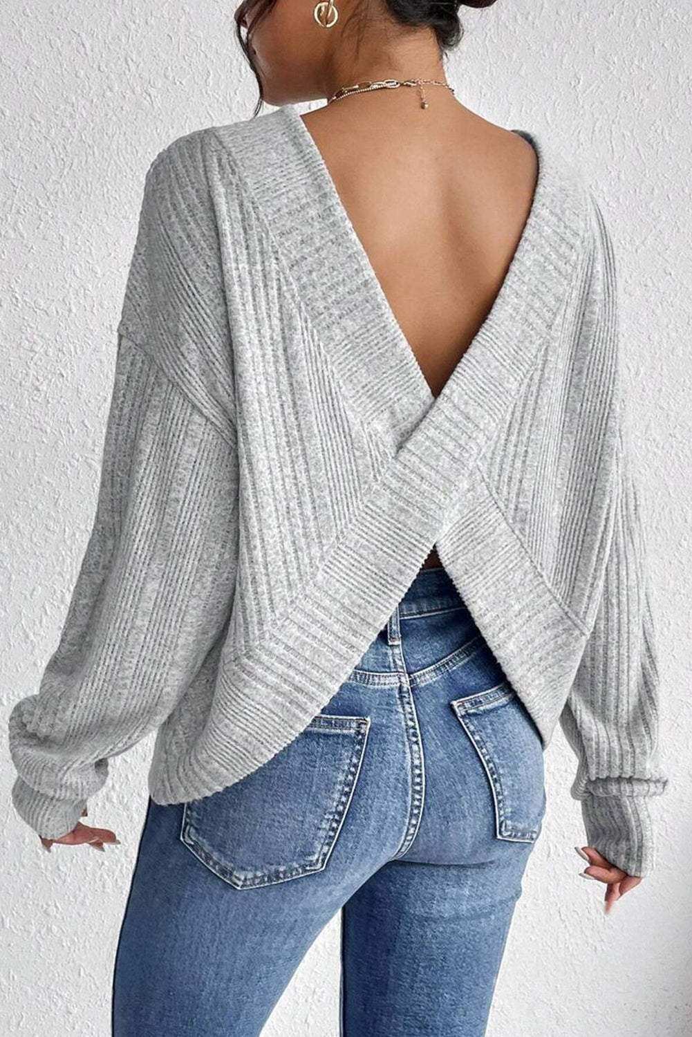 Light Grey Ribbed Backless Drop Sleeve Top