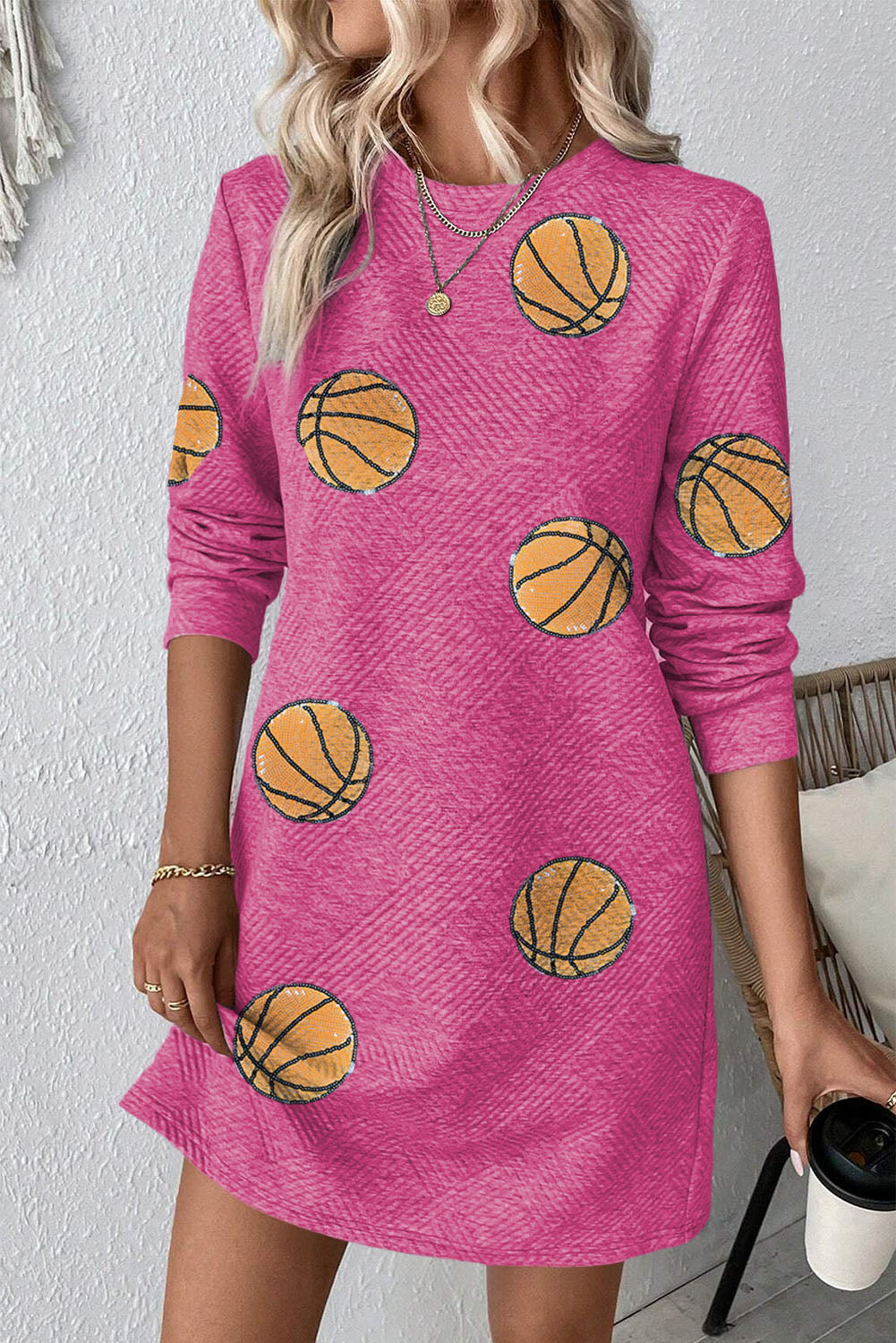 Gray Sequin Basketball Patched Textured Crewneck Shift Mini Dress