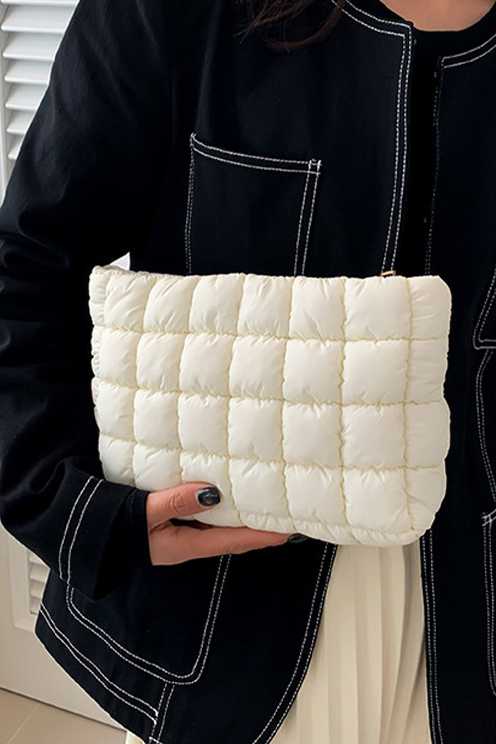 White Zipper Quilted Puffer Cosmetic Bag