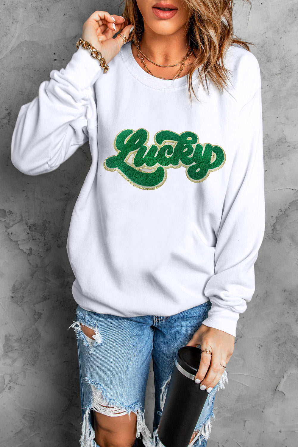 White Shiny Trim Chenille Lucky Letter Graphic Sweatshirt