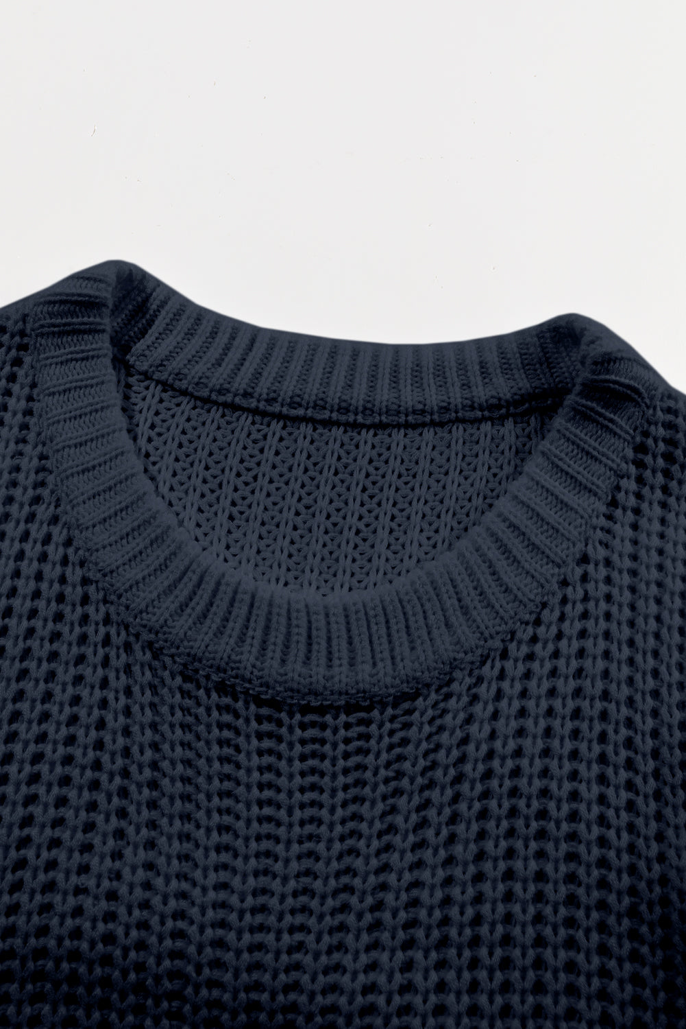 Black Ribbed Knit Drop Sleeve Round Neck Sweater