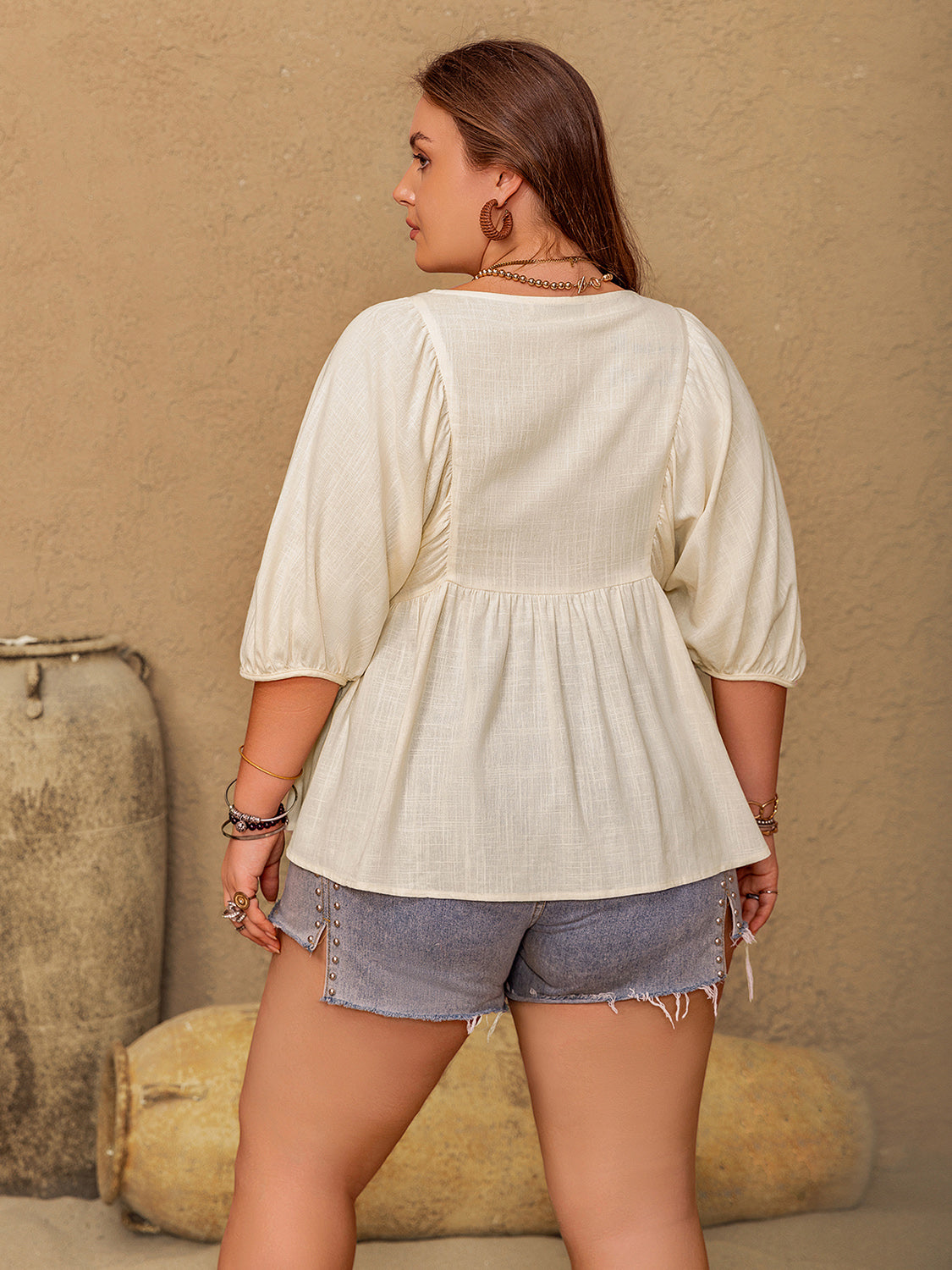 Plus Size Peplum V-Neck Half Sleeve Blouse