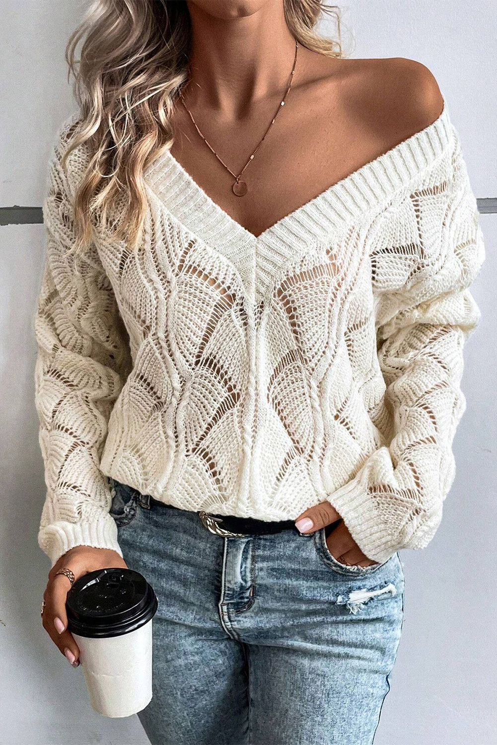 Black Hollow Out Knit V Neck Drop Shoulder Sweater