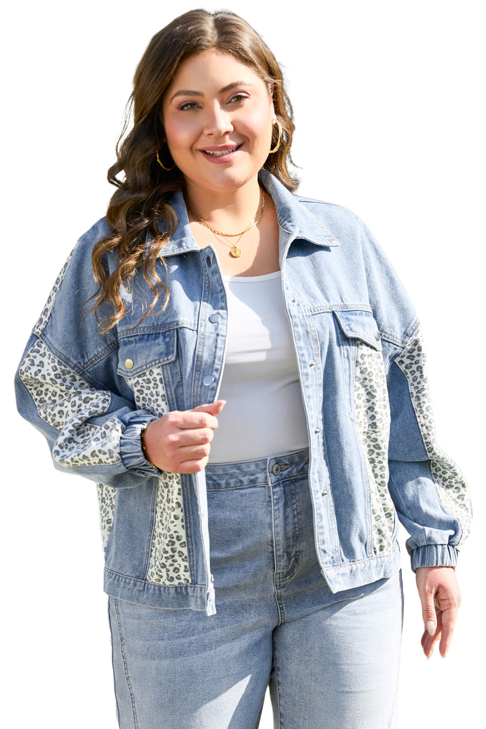 Beau Blue Leopard Patchwork Flap Detail Plus Size Denim Jacket