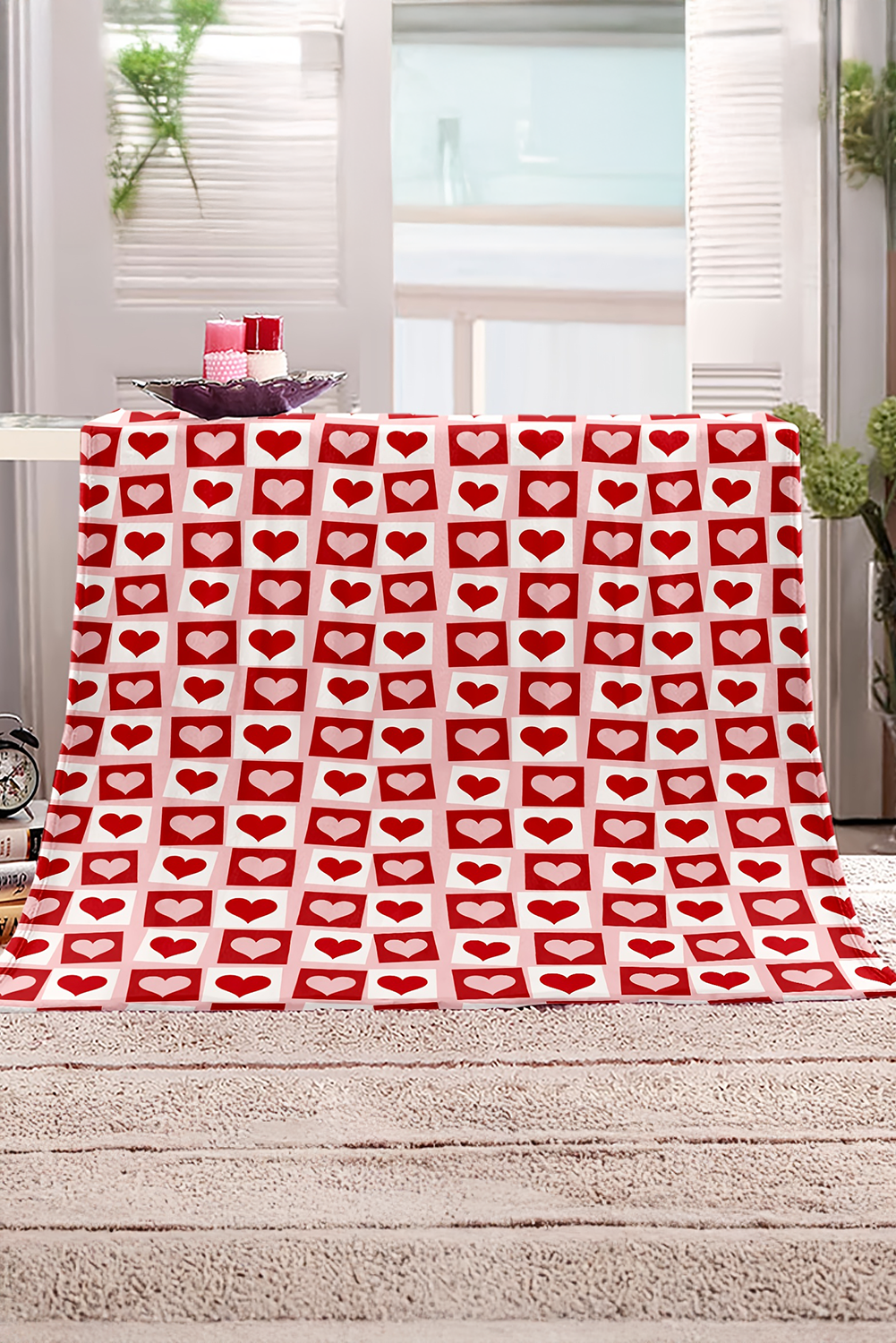 Fiery Red Valentines Checkered Heart Blanket