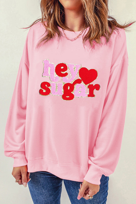 Pink Chenille Heart Pattern Valentines Graphic Sweatshirt