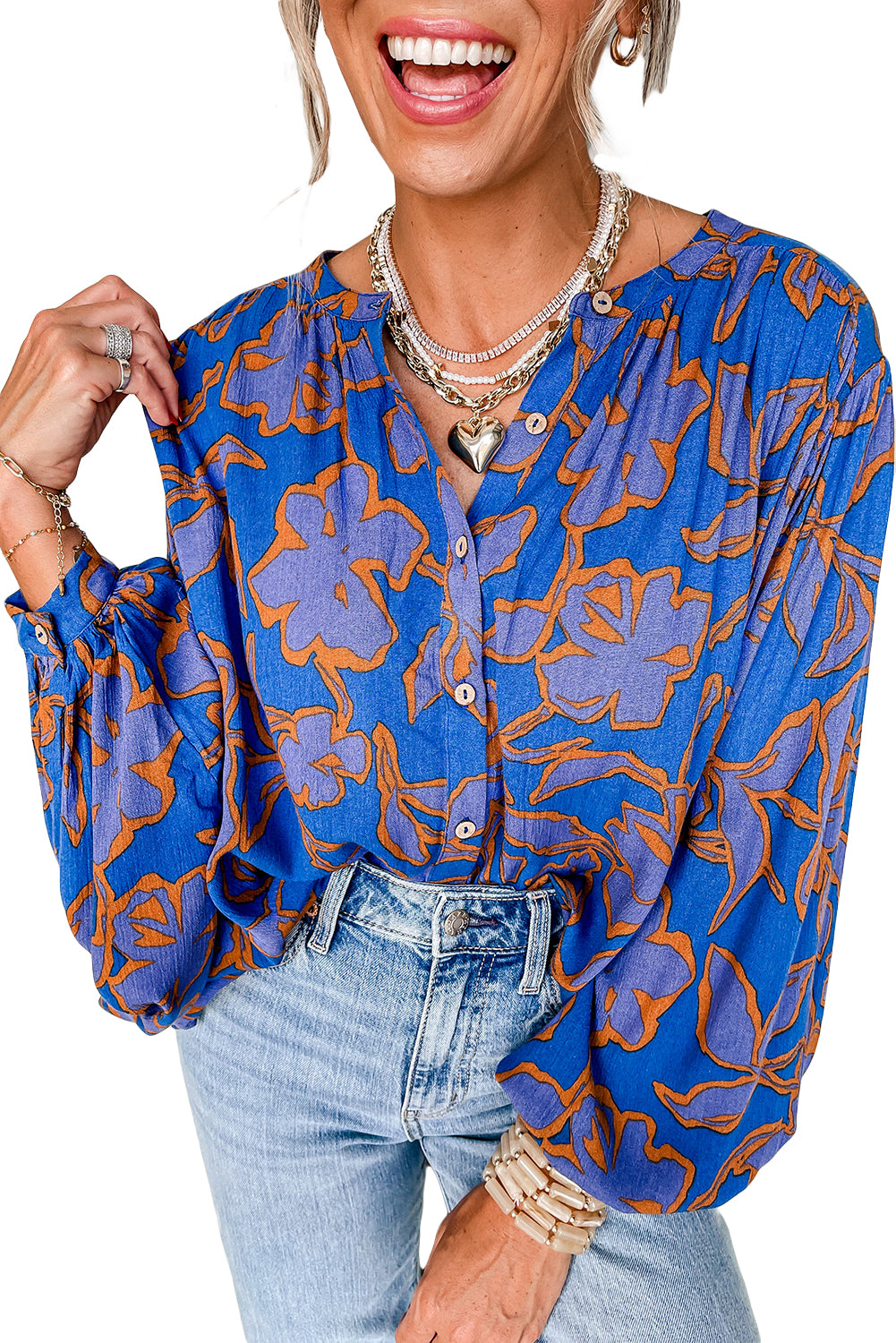 Blue Floral Print Batwing Sleeve Button Loose Fit Blouse