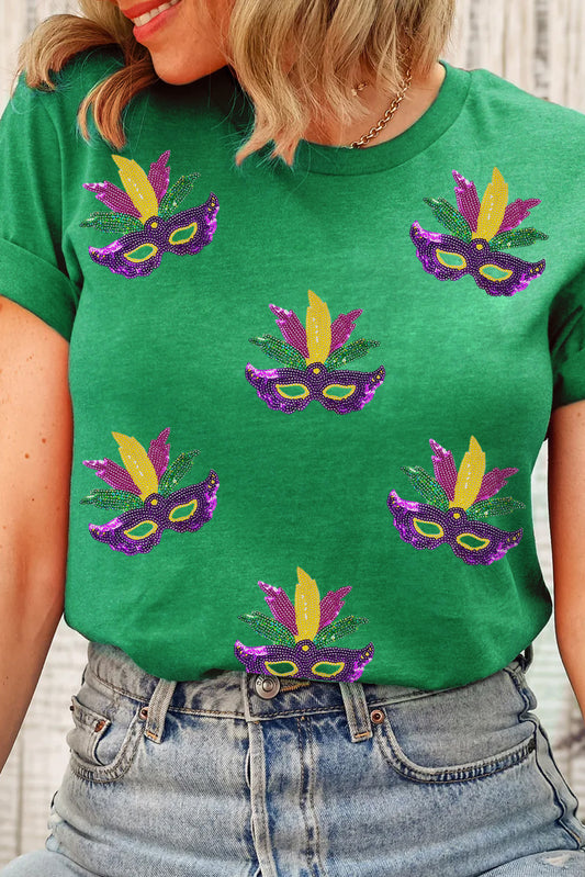 Bright Green Sequin Mardi Gras Pattern Graphic Crewneck Tee