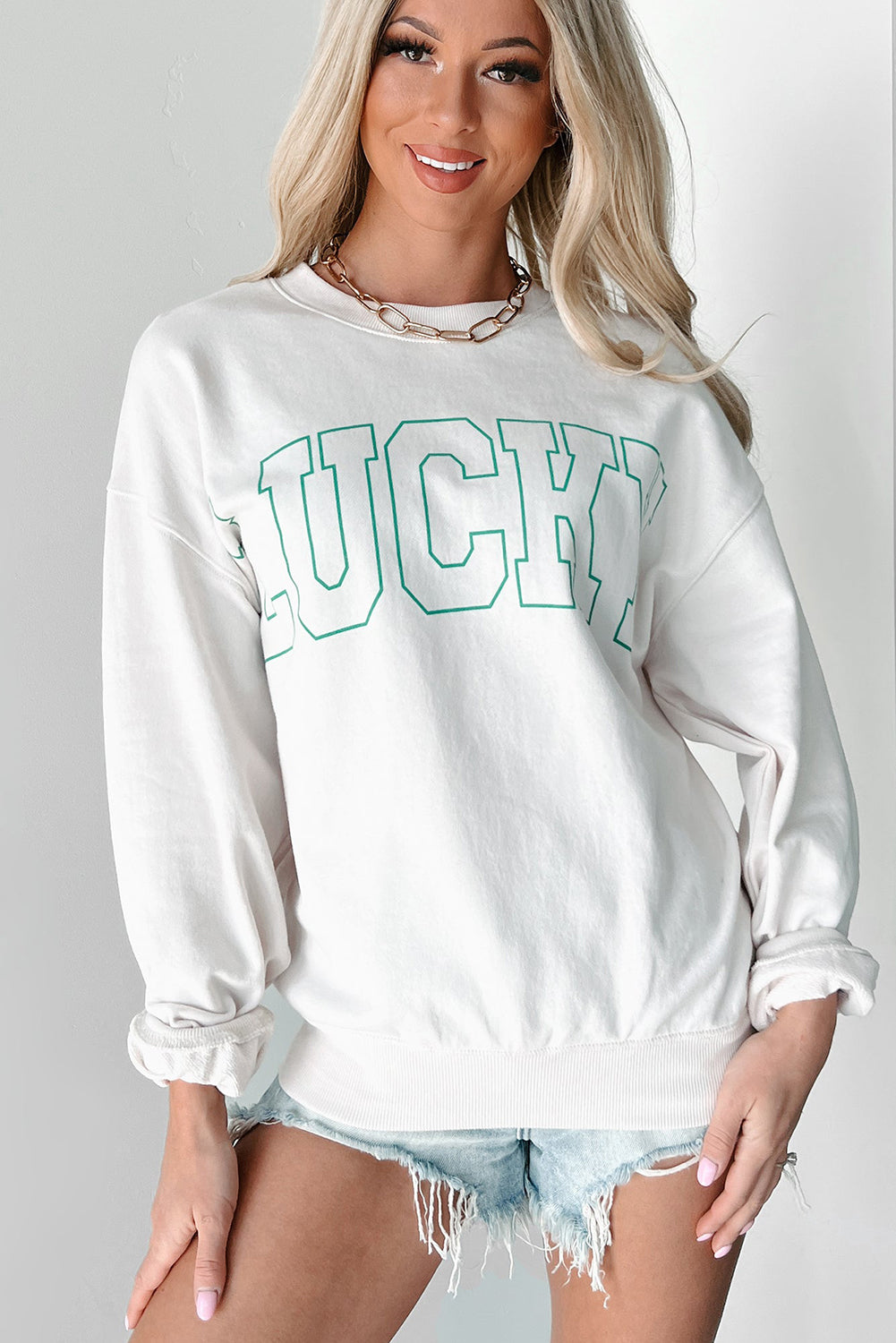 White St Patricks LUCKY Graphic Crew Neck Pullover Sweatshirt