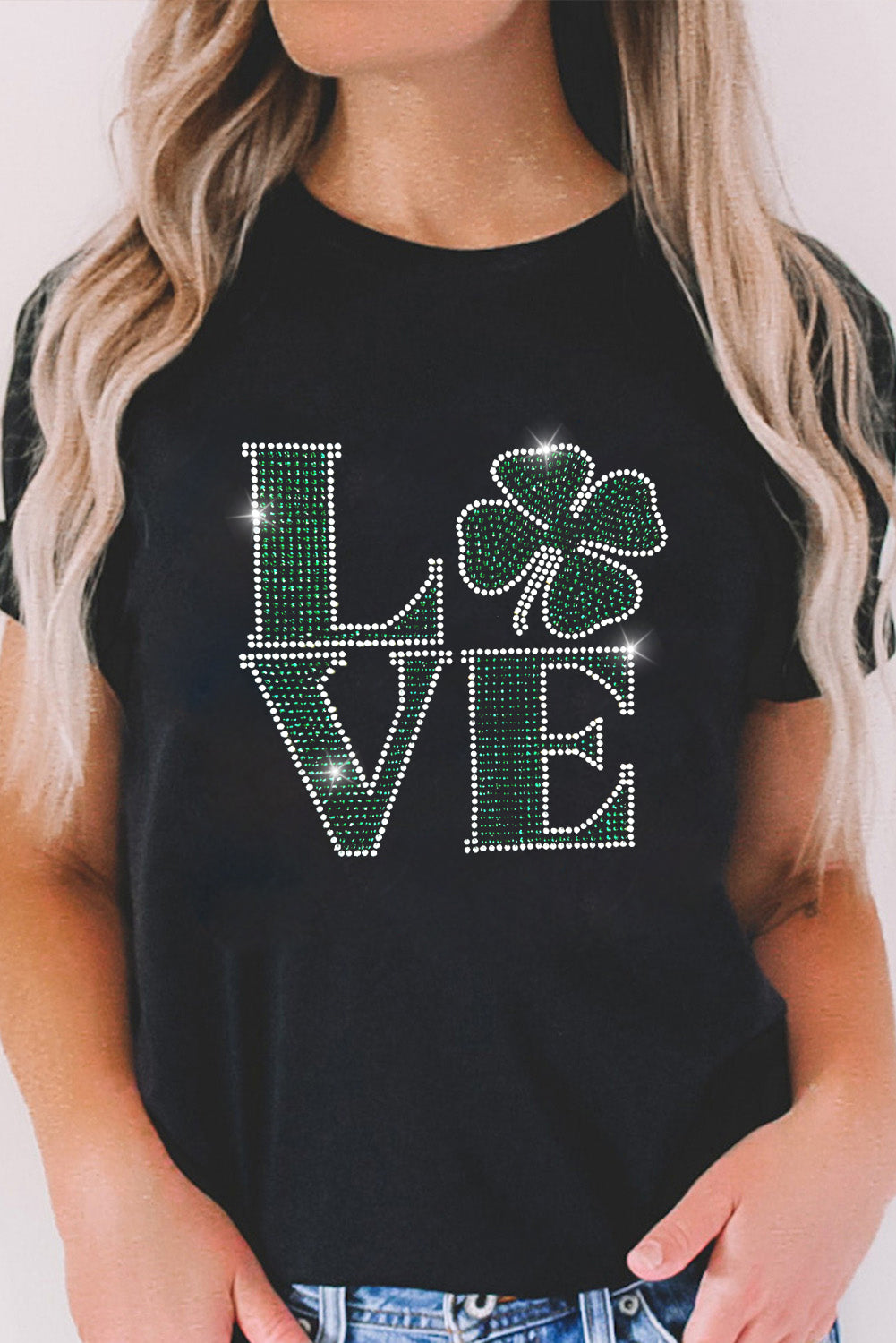 Black St Patricks Day Rhinestone LOVE Letter Printed Crewneck Tee