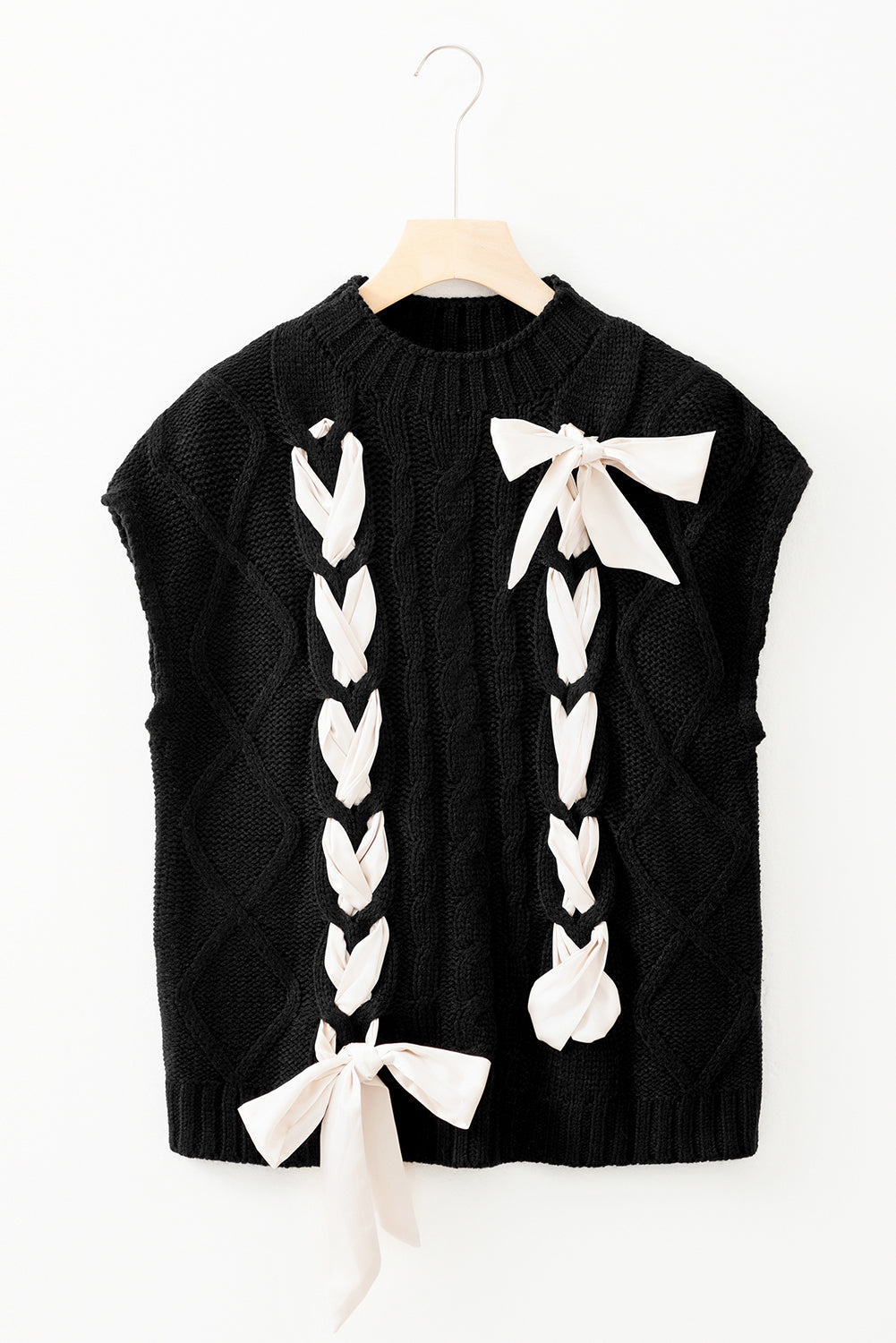 Black Satin Bowknot Cable Knit Top