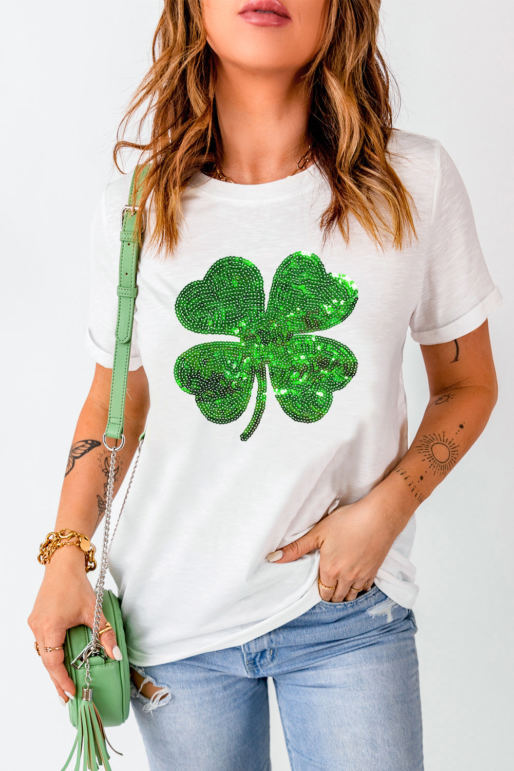 White St Patricks Day Sequin Clover Patch Graphic Tee