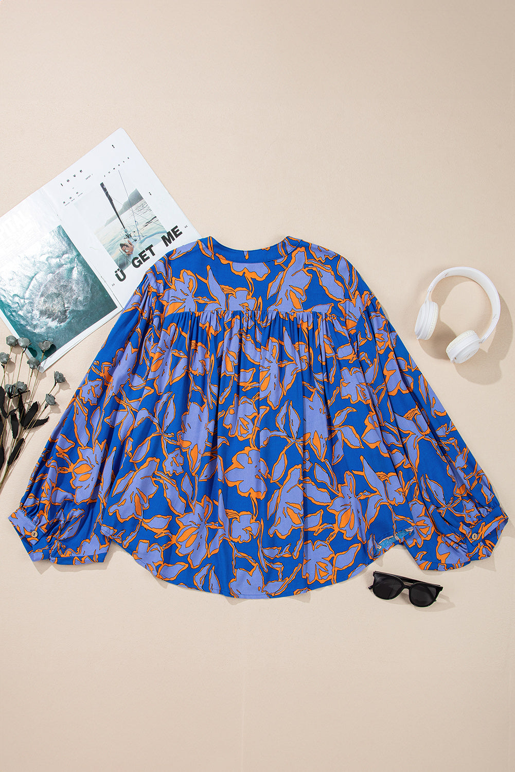 Blue Floral Print Batwing Sleeve Button Loose Fit Blouse