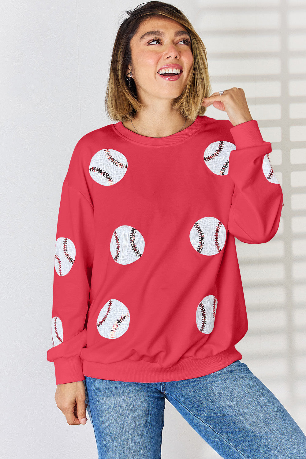 Sequin Baseball Round Neck Dropped Shoulder Sweatshirt