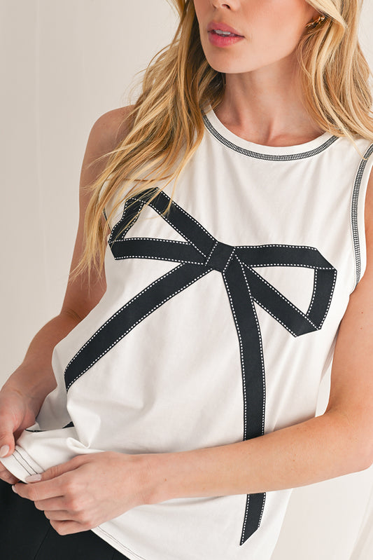 White Sweet Bow Stitching Trim Sleeveless Top