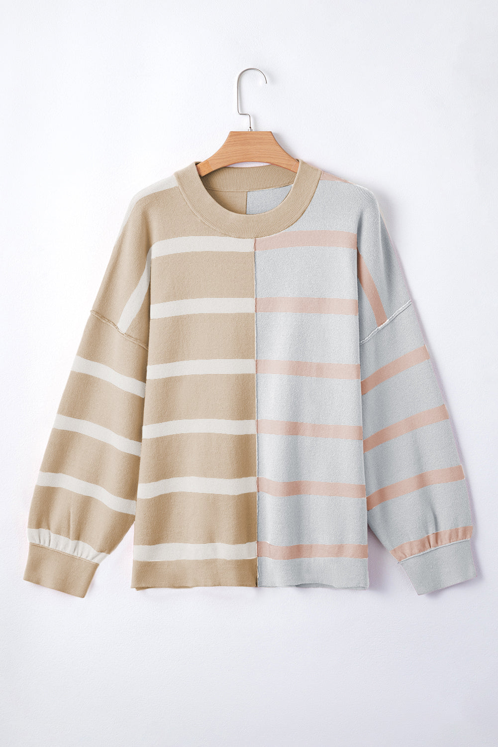 Light Beige Striped Colorblock Drop Shoulder Sweater