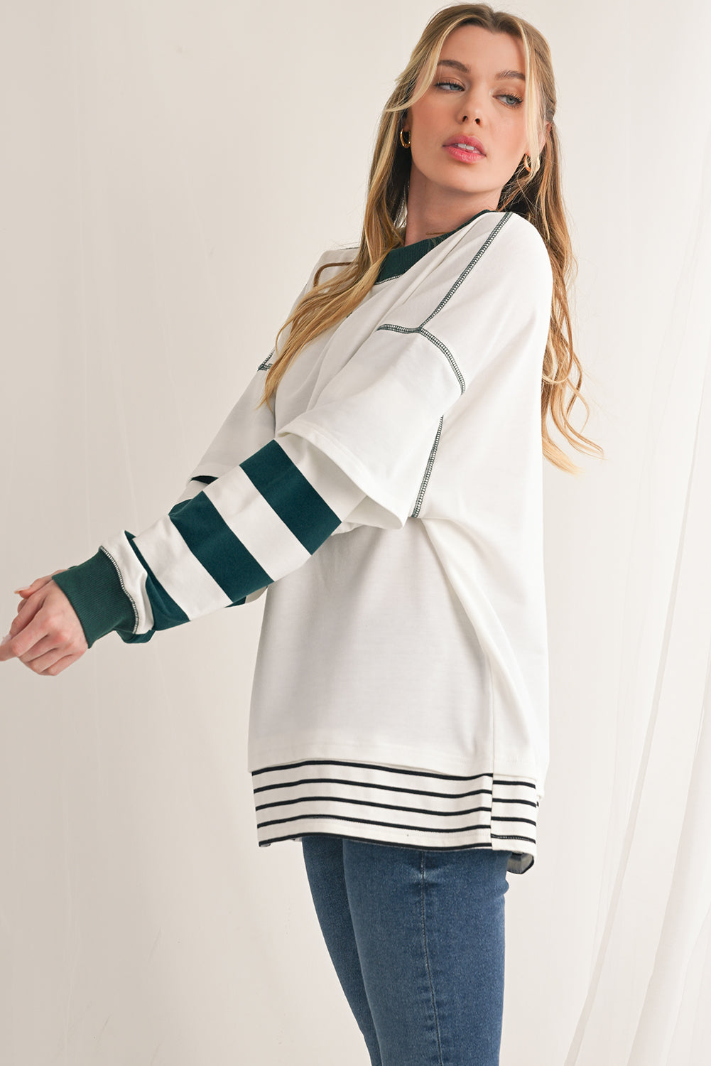 White Striped Layered Drop Sleeve Sweatshirt