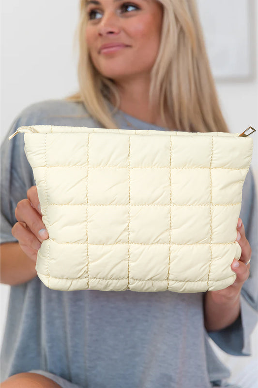 White Zipper Quilted Puffer Cosmetic Bag