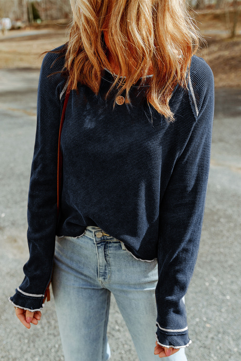 Black Textured Round Neck Long Sleeve Top