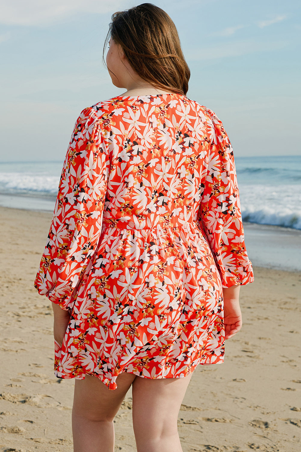 Orange Floral Print Split V Neck Bubble Sleeve Plus Size Midi Dress