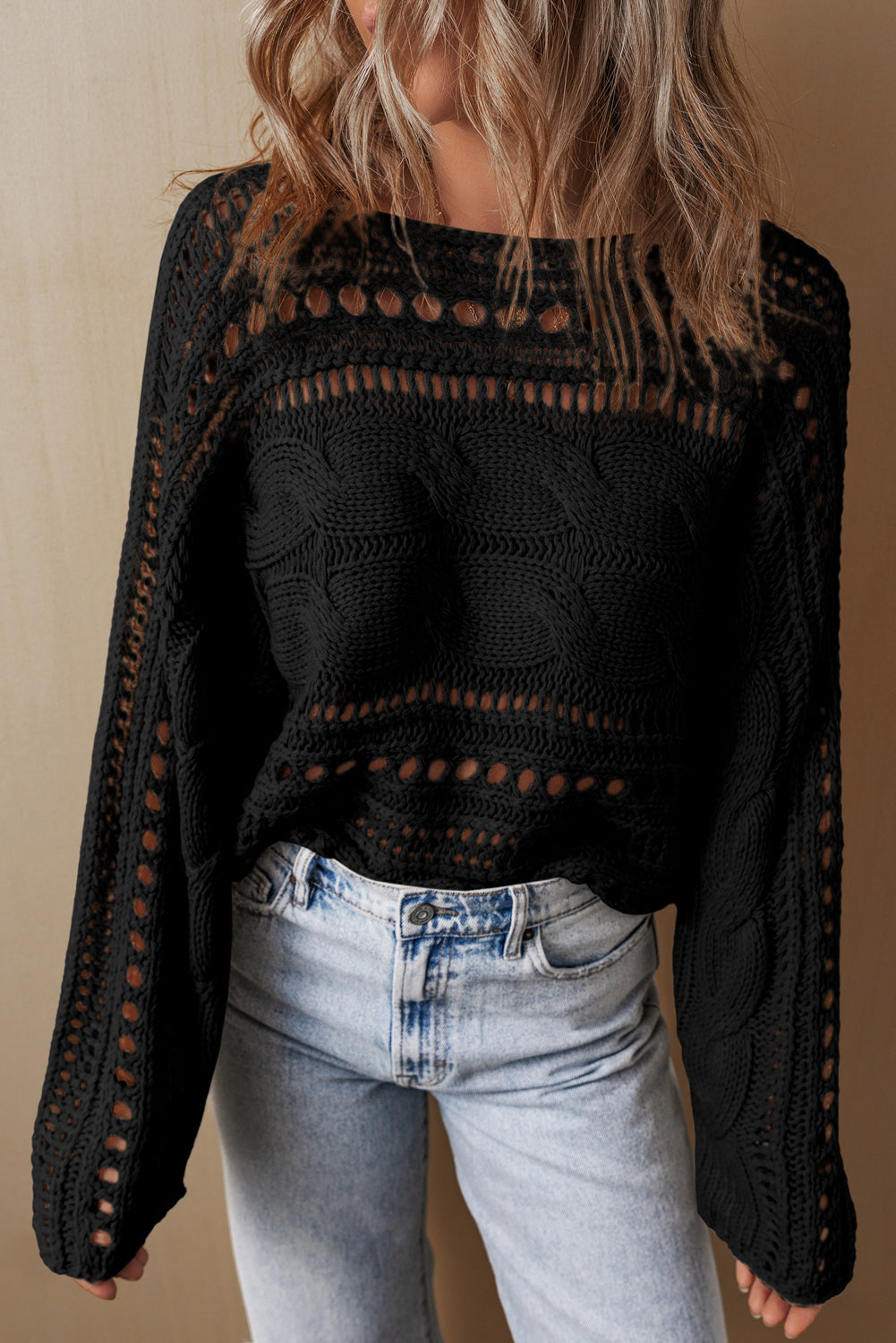 Black Hollow Out Cable Knit Cropped Sweater