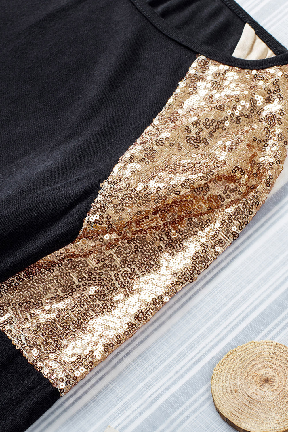 Black and Gold Raglan Sleeve Sequin Top Pullover Long Sleeve Shirt