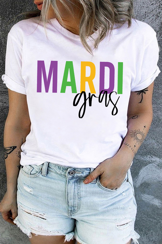 White Mardi Gras Letter Graphic Plus Size T Shirt