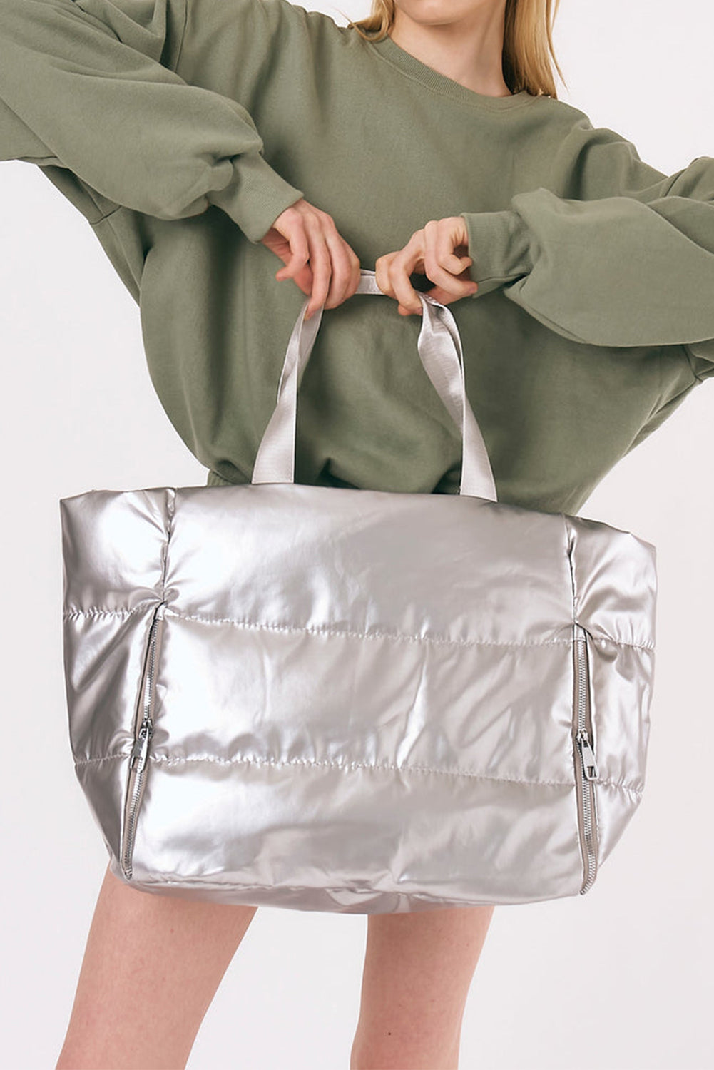 Silvery Solid Color Zipper Puffer Large Tote Bag