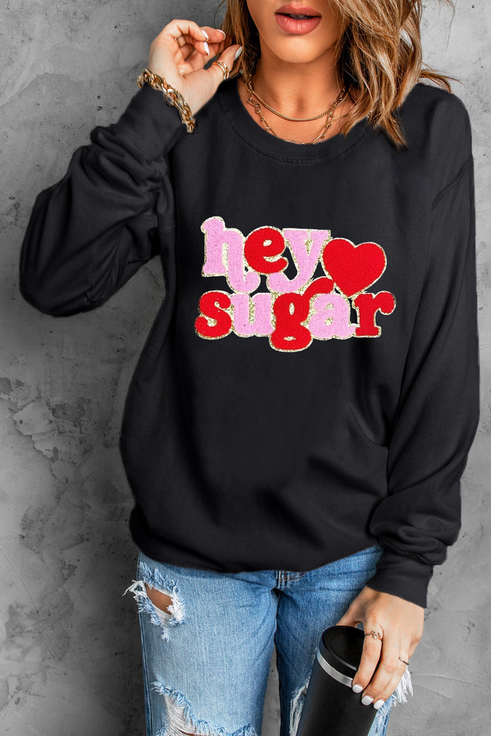 Pink Chenille Heart Pattern Valentines Graphic Sweatshirt