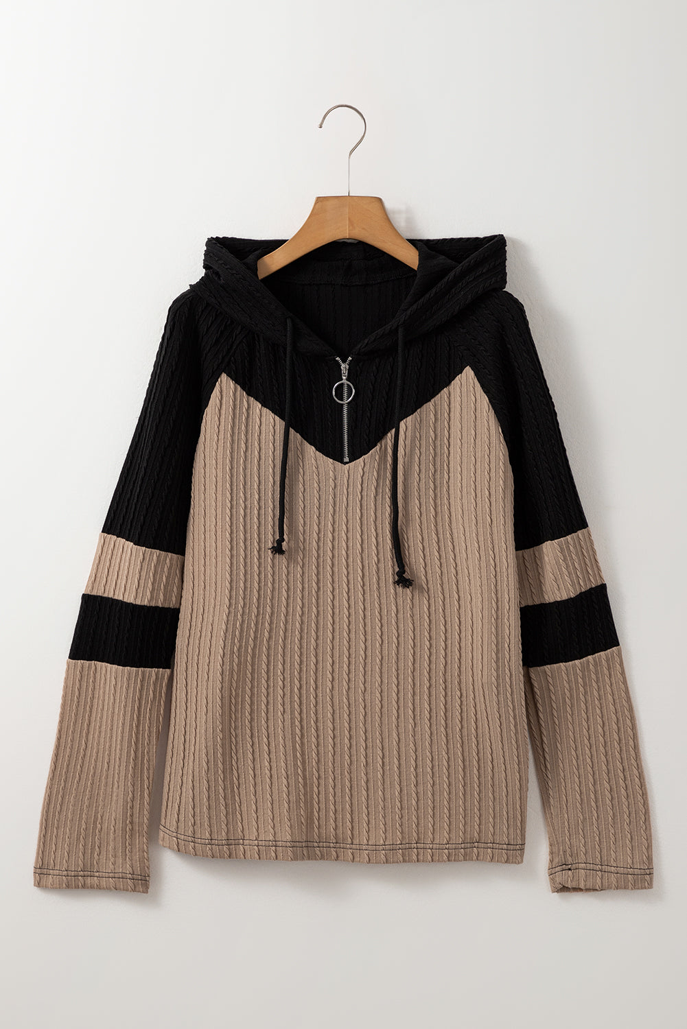 Textured Colorblock Long Sleeve Quarter Zip Drawstring Hooded top