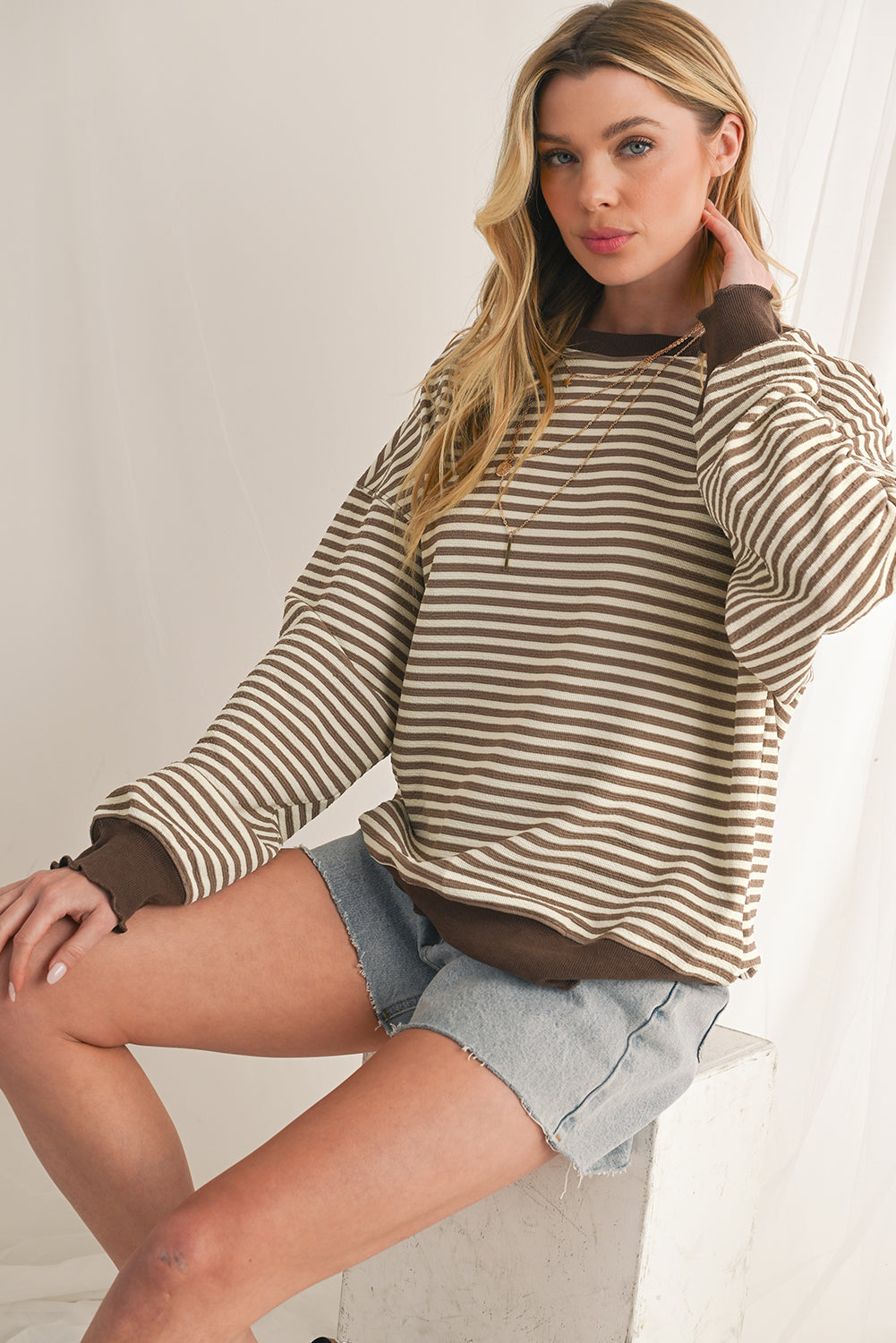 Purple Stripe Drop Shoulder Long Sleeve Top