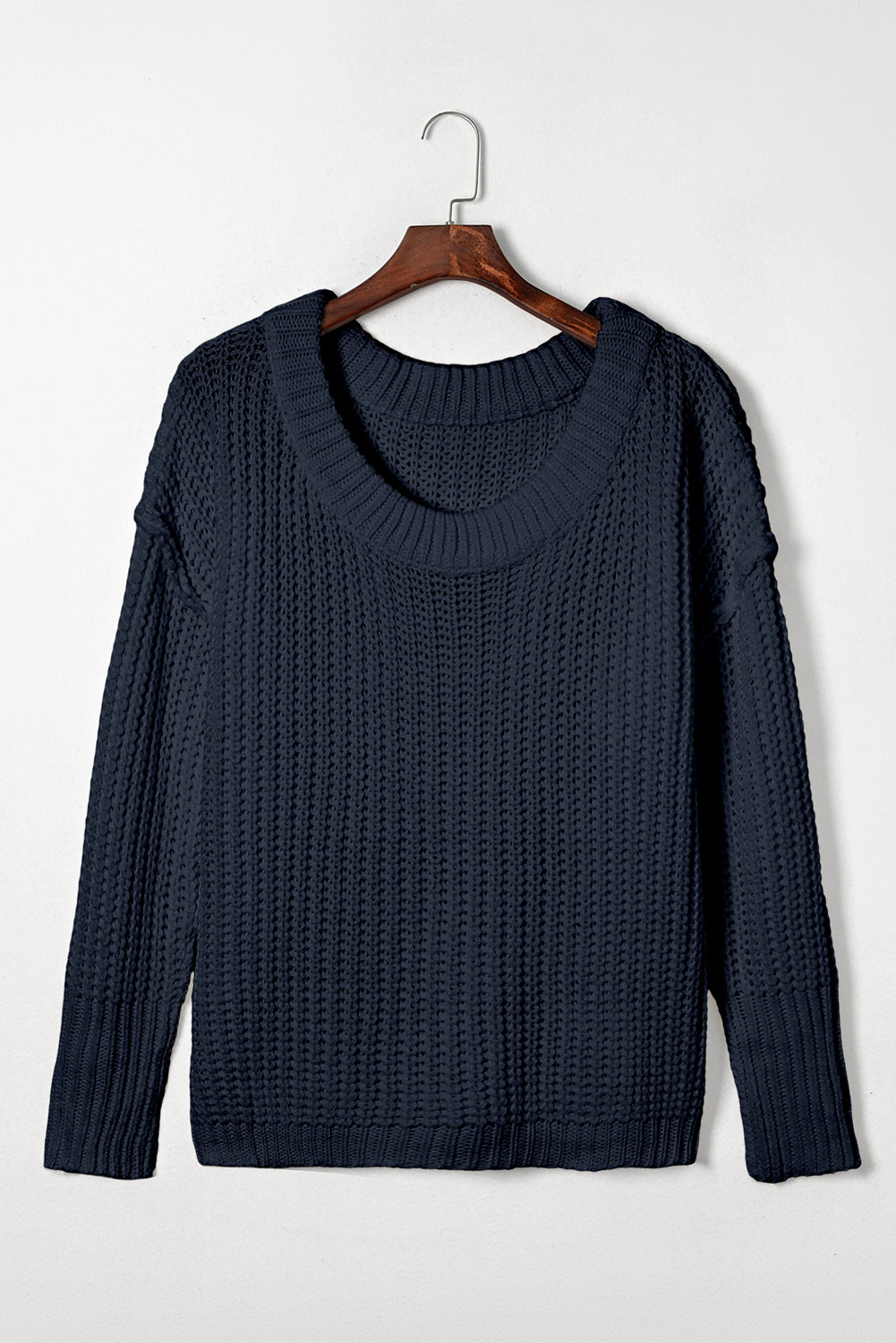 Black Ribbed Knit Drop Sleeve Round Neck Sweater