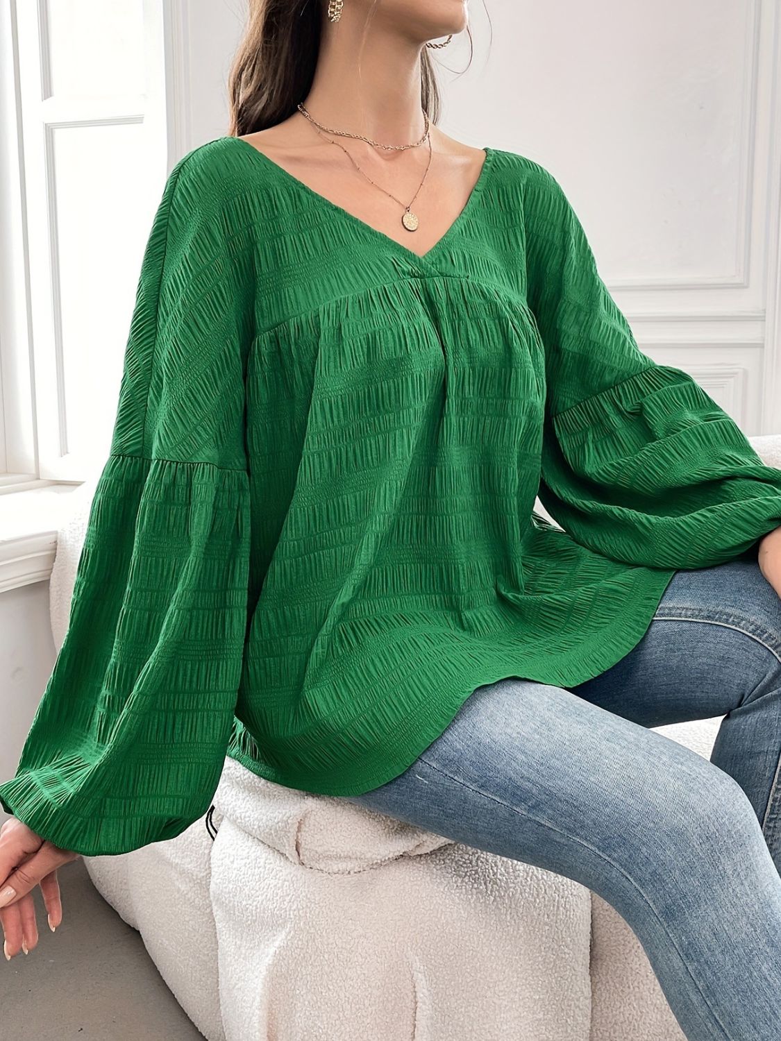 Plus Size Texture V-Neck Long Sleeve Top