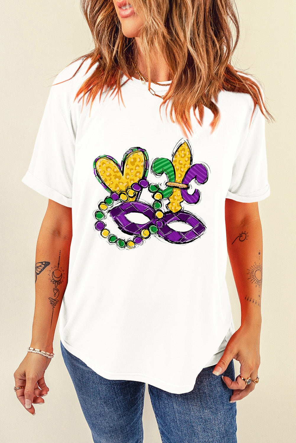 White Mardi Gras Mask Graphic Crewneck Tee