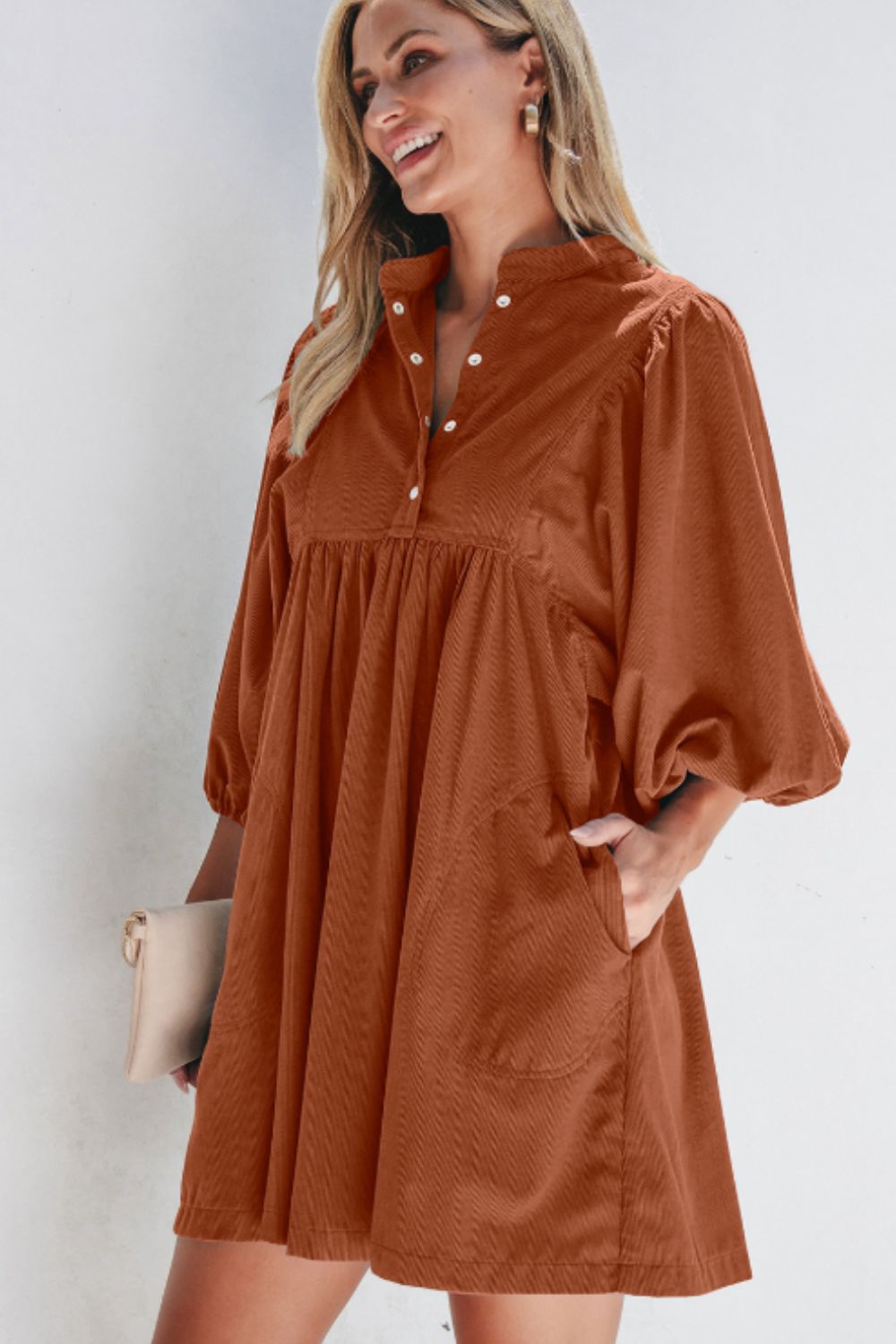 Corduroy Quarter Snap Three-Quarter Sleeve Dress