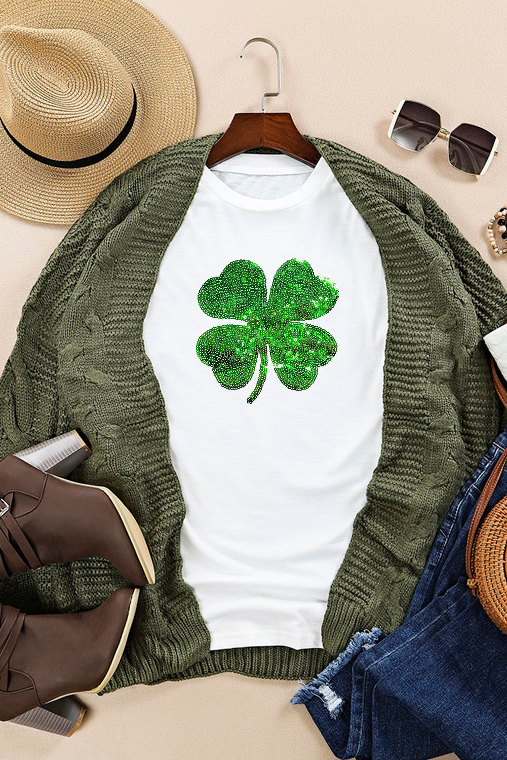 White St Patricks Day Sequin Clover Patch Graphic Tee