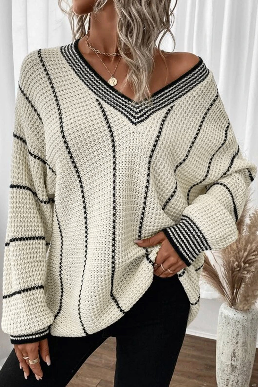 White Contrast V Neck Loose Tunic Sweater