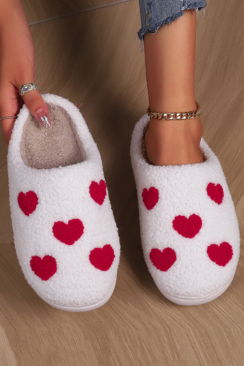 Pink Valentines Day Hearts Print Plush Slippers