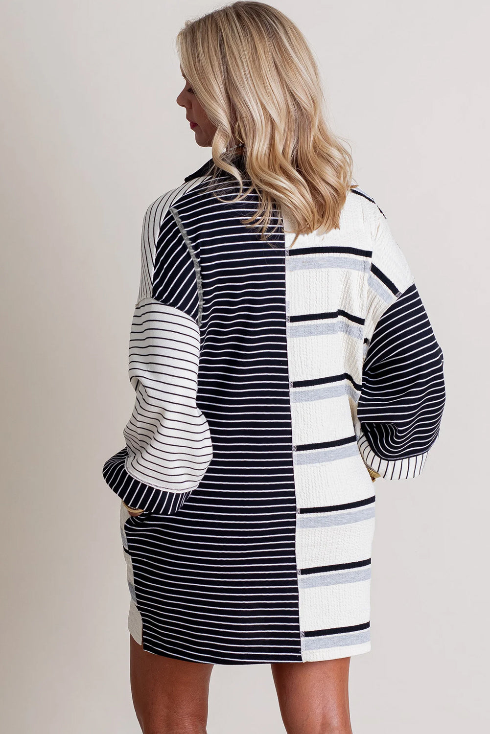 Black Stripe Colorblock Knit Henley Collar Shift Long Sleeve Mini Dress