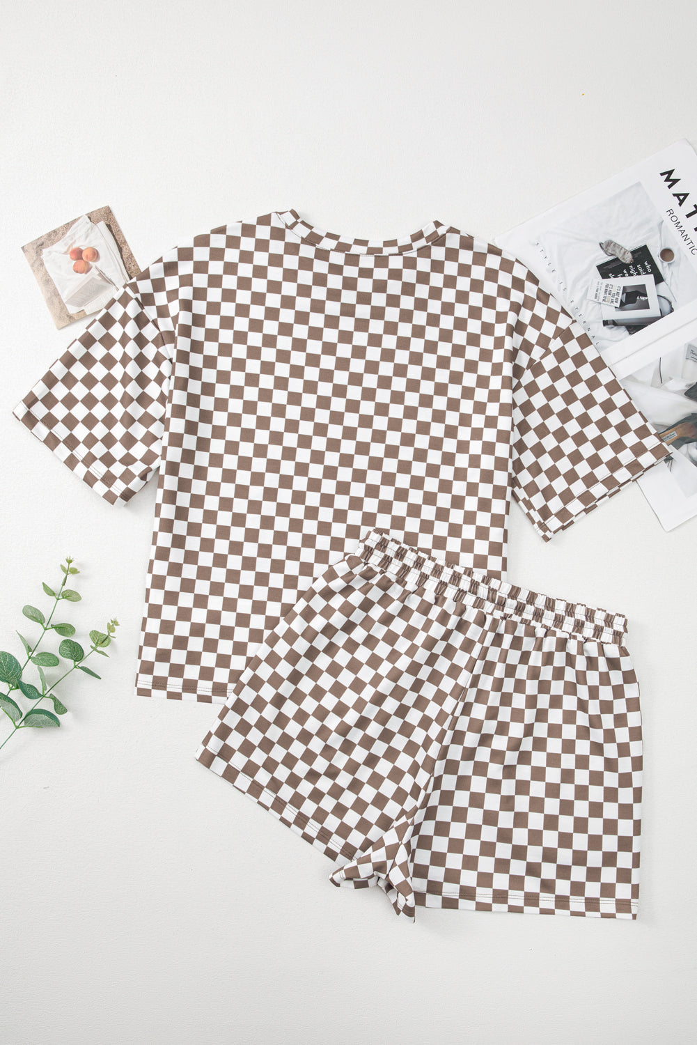 Brown Checkered Top and Drawstring Shorts Pajama Set