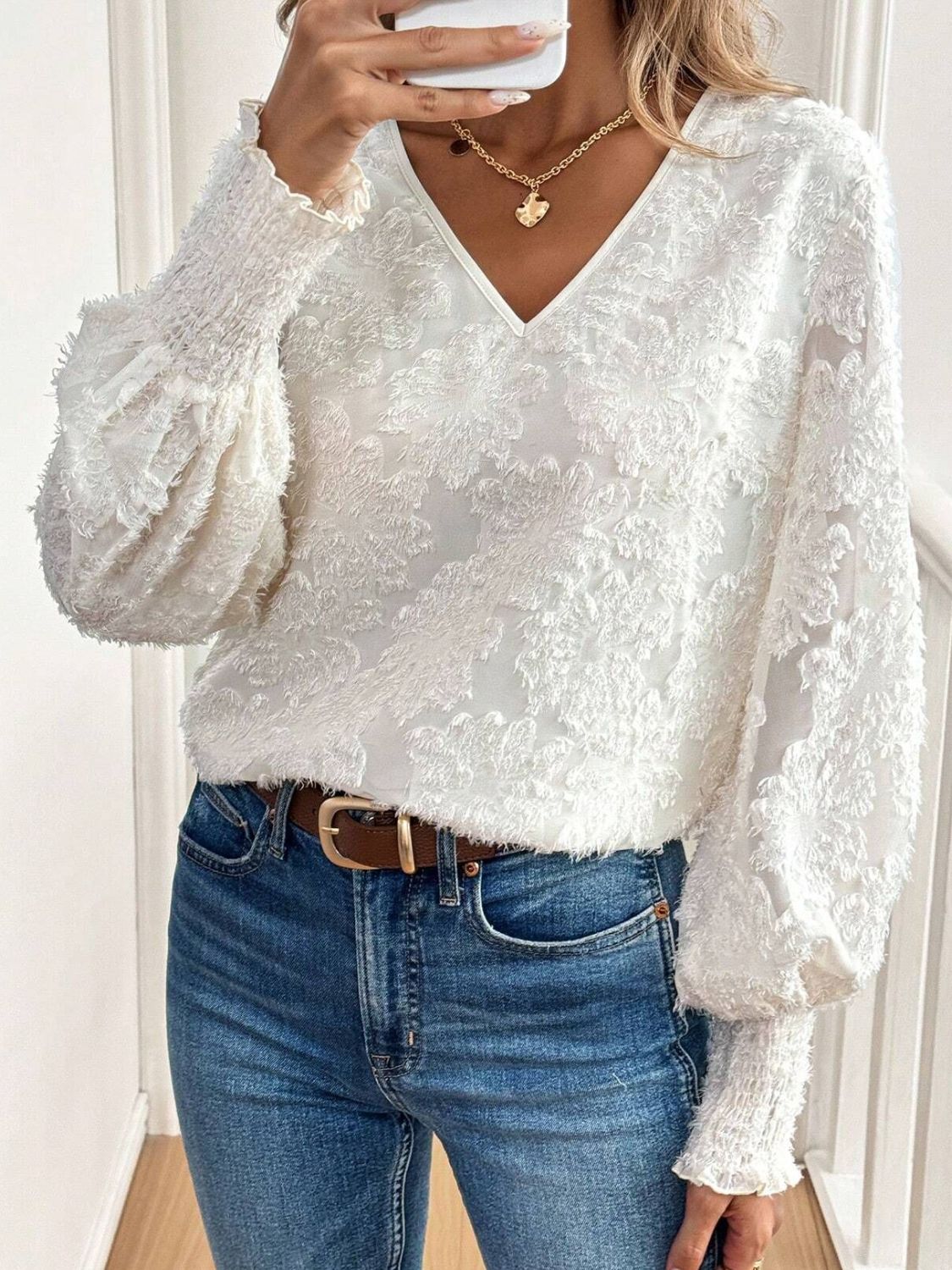 V-Neck Lantern Sleeve Blouse