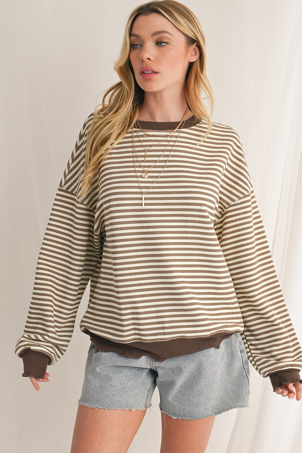 Purple Stripe Drop Shoulder Long Sleeve Top