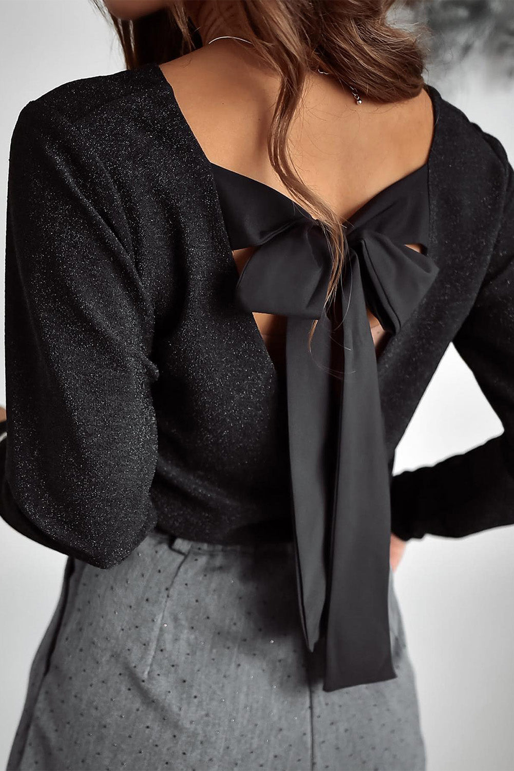 Black Metallic Bowknot Open Back V Neck Top